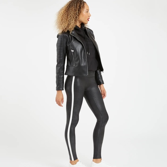 EUC SPANX Faux Leather High Rise Side Stripe Black White Leggings L - Picture 4 of 8